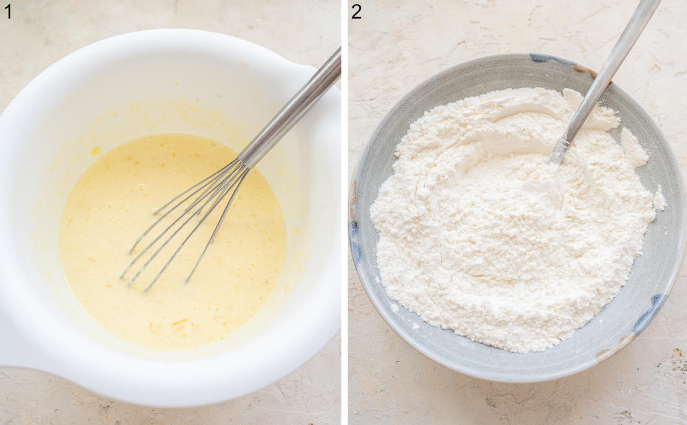 Wet ingredients for pancakes in a white bowl. Dry ingredients for pancakes in a blue bowl.