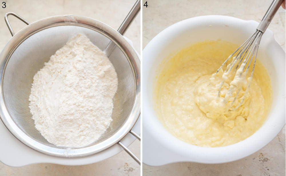 Flour is being sifted into the bowl with wet ingredients. Pancake batter in a white bowl.