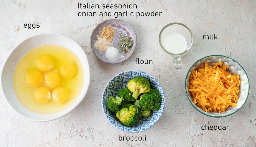 Labeled ingredients for broccoli cheddar egg muffins.