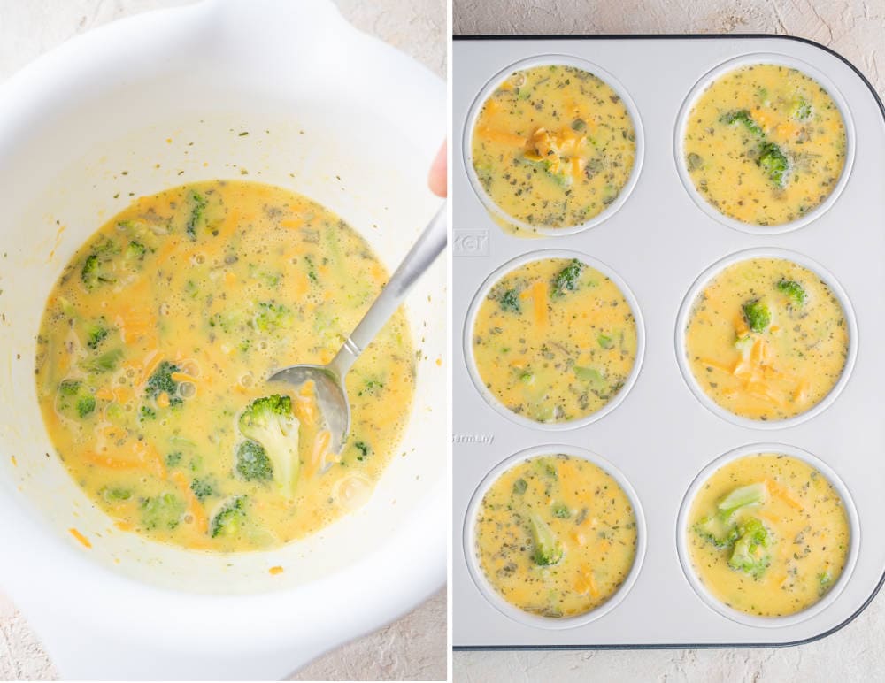 Egg muffin batter in a white bowl and in a muffin pan.