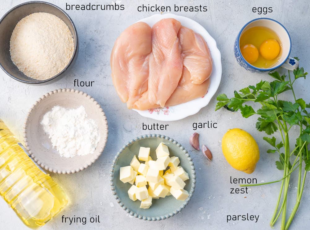 Labeled ingredients for chicken kyiv.