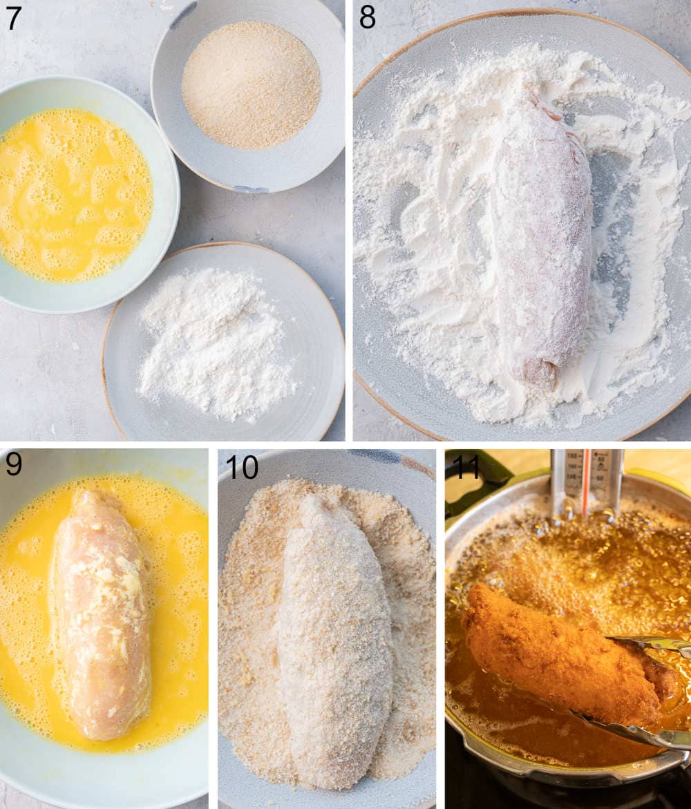 A collage of 5 photos showing how to bread chicken cutlets and cook them.