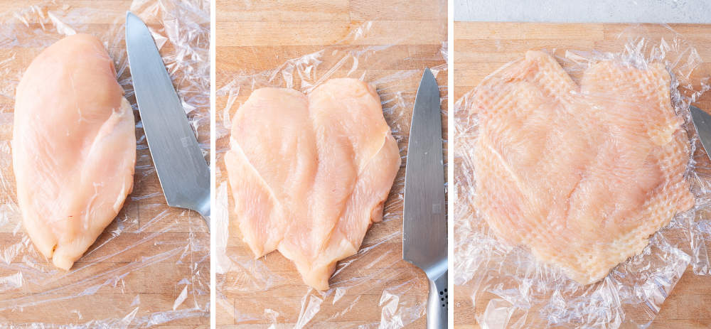 A collage of 3 photos showing how to cut and pound chicken cutlets.