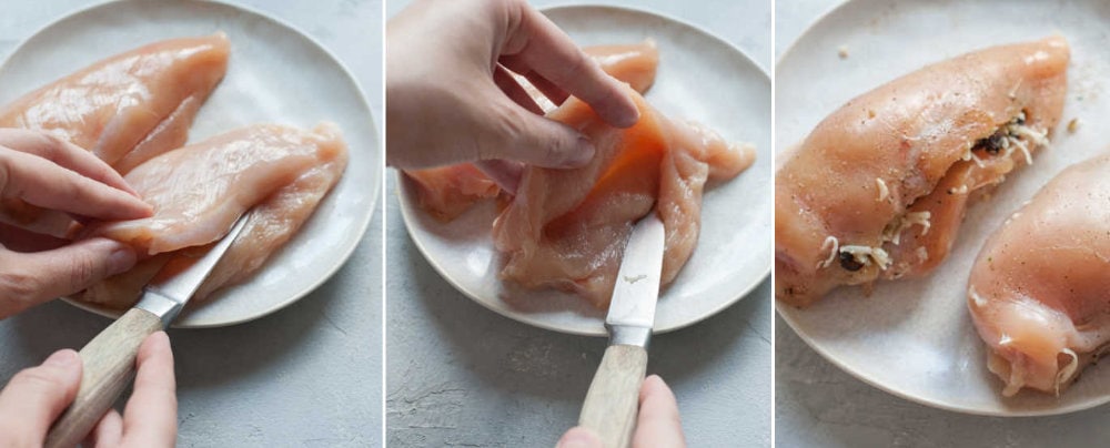 A collage of 3 photos showing how to cut a pocket in a chicken breast.