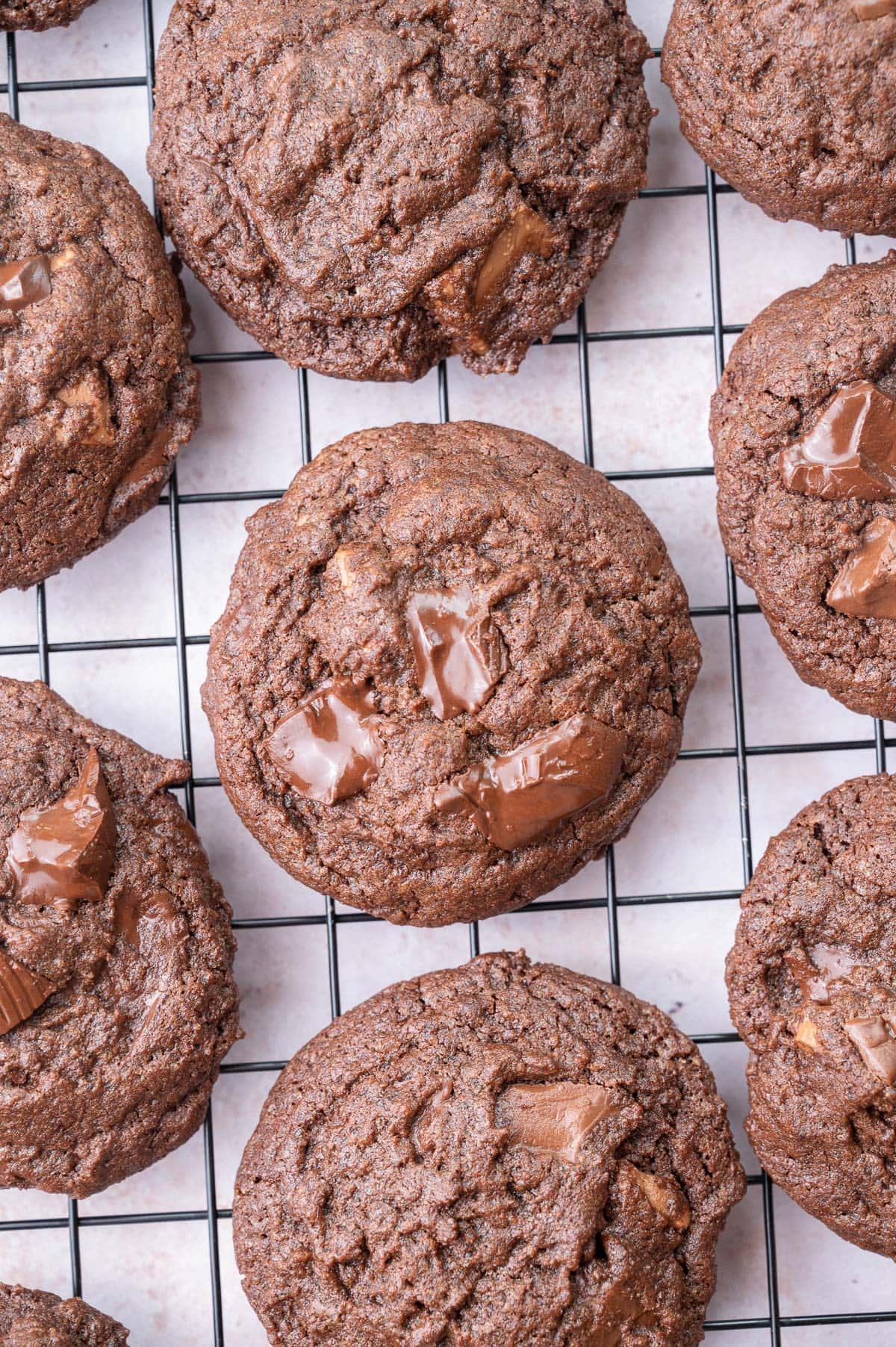 Double chocolate chip cookies on a black wire rack.