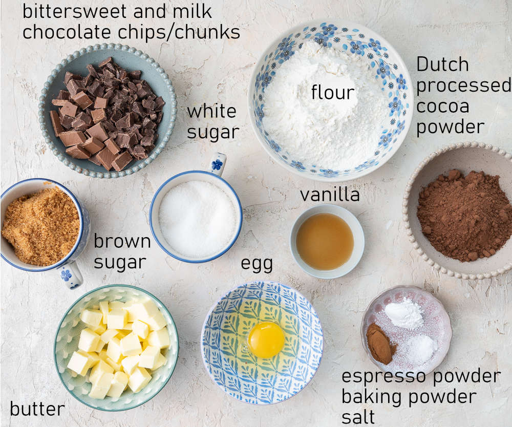 Labeled ingredients for double chocolate chip cookies.