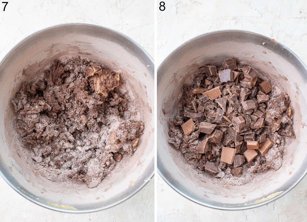 Batter for cookies in a bowl. Batter for chocolate cookies with chocolate chips in a bowl.