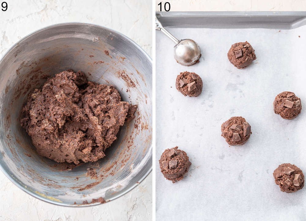 Double chocolate chip cookies batter in a bowl. Chocolate cookies on a baking sheet ready to be baked.