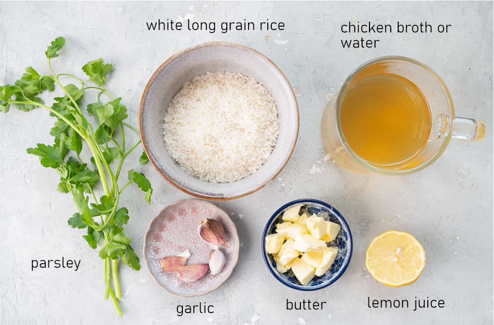 Labeled ingredients for garlic butter rice.