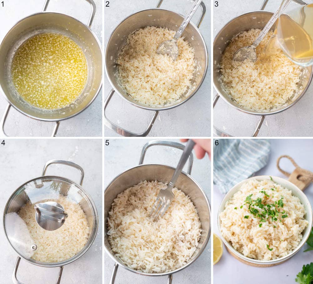 A collage of 6 photos showing how to make garlic butter rice step by step.