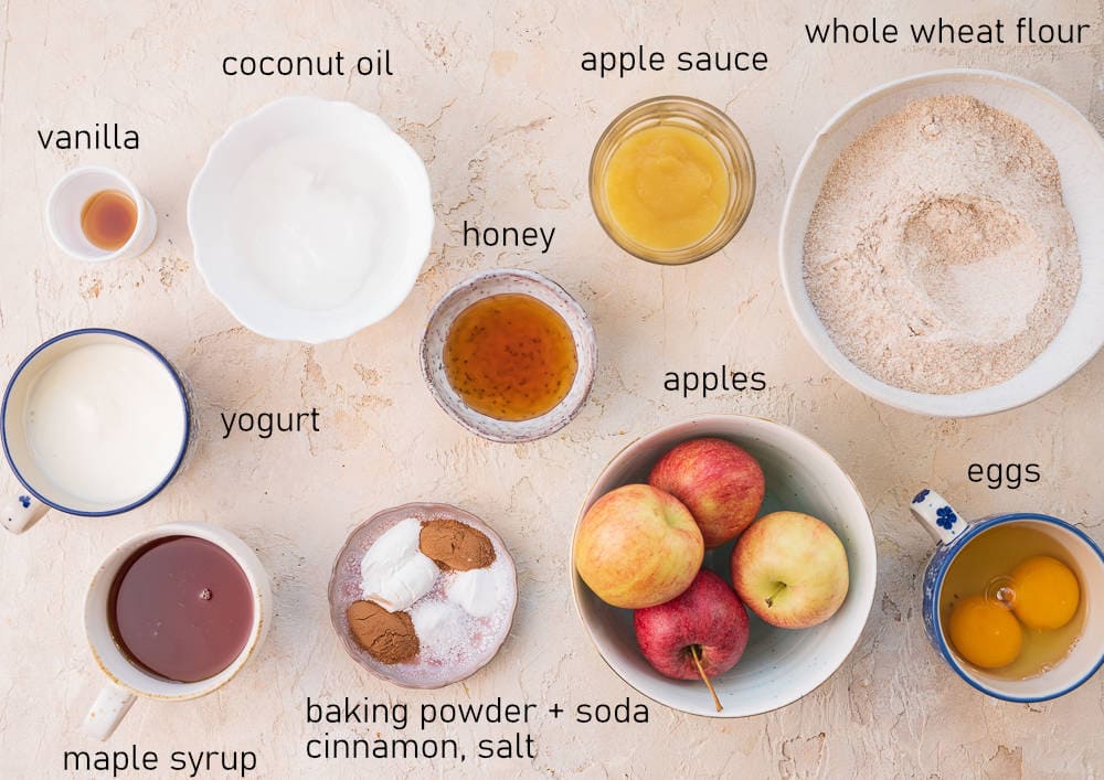 Labeled ingredients for healthy apple muffins.