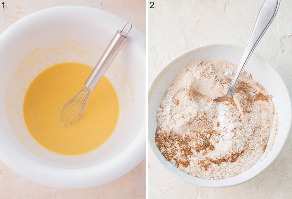 Wet ingredients for muffins in a bowl. Dry ingredients for muffins in a bowl.