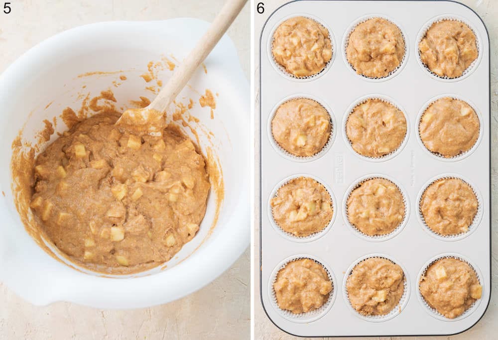 Healthy apple muffins batter in a bowl. Muffin batter in a muffin pan.
