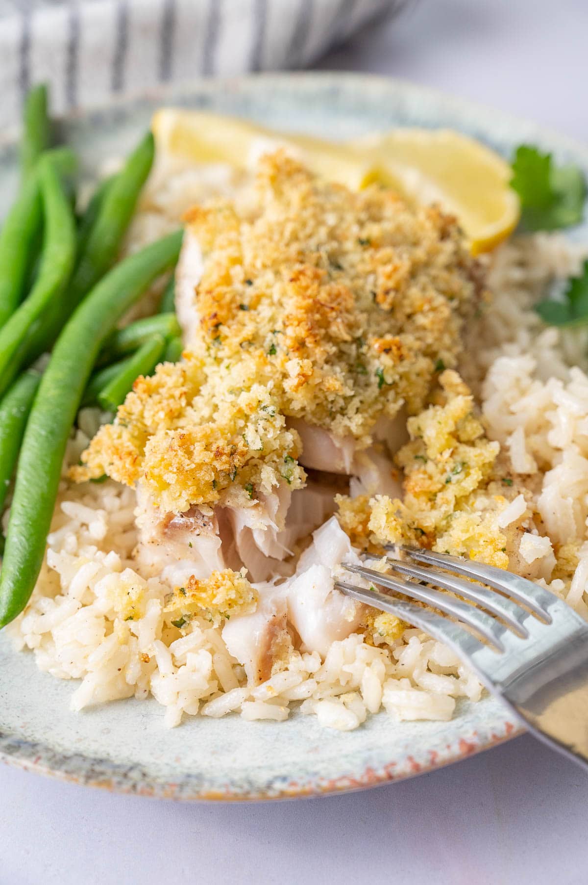 Parmesan crusted cod with butter garlic rice on a plate.