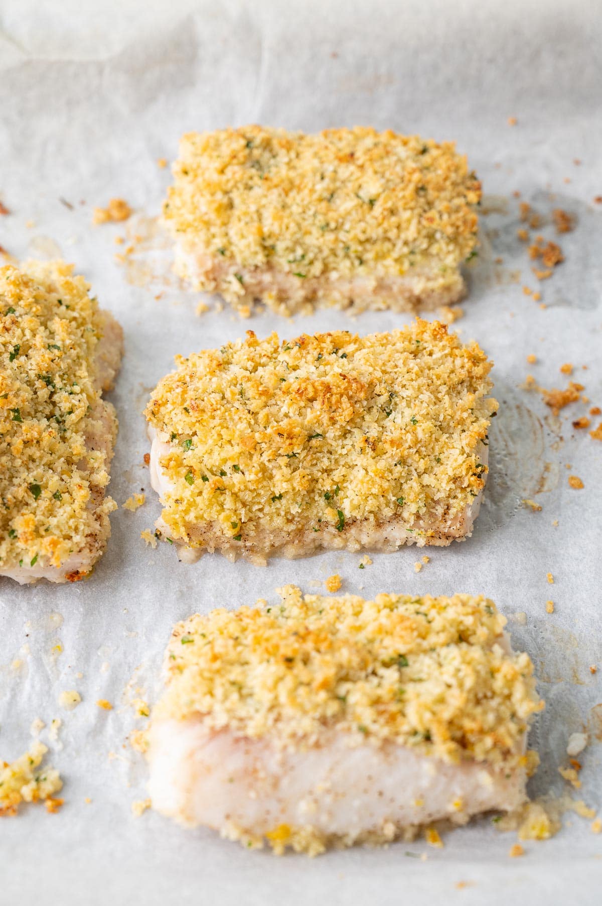 Parmesan crusted cod on a baking sheet lined with parchment paper.