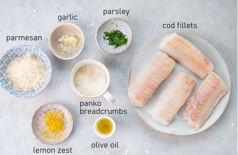 Labeled ingredients for parmesan crusted cod.