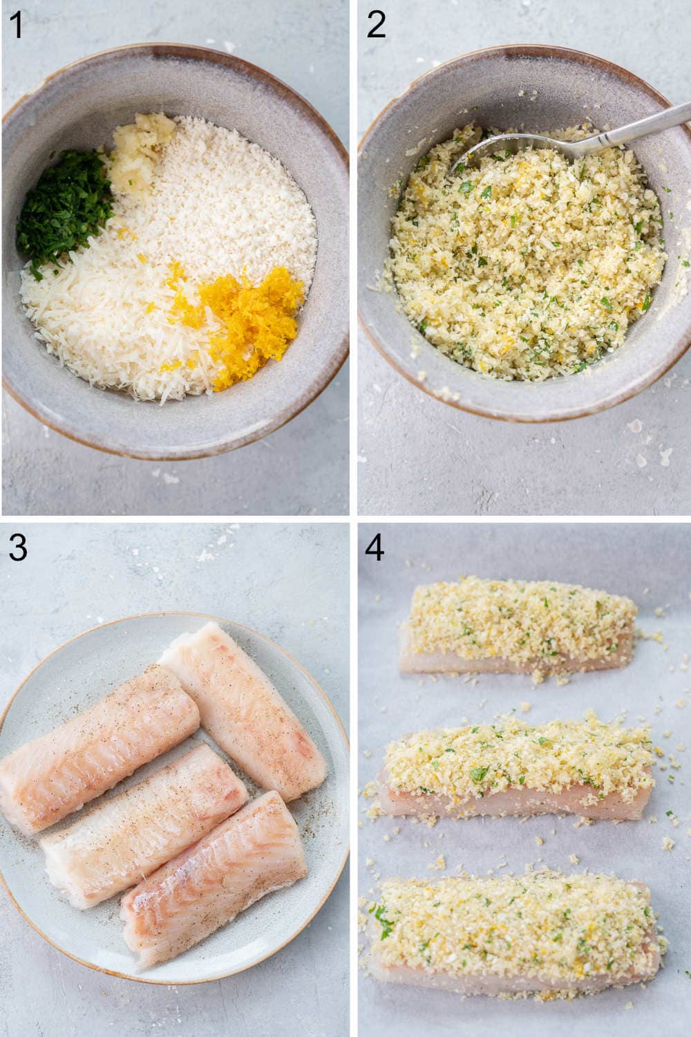A collage of 4 photos showing how to prepare parmesan crusted cod step by step.