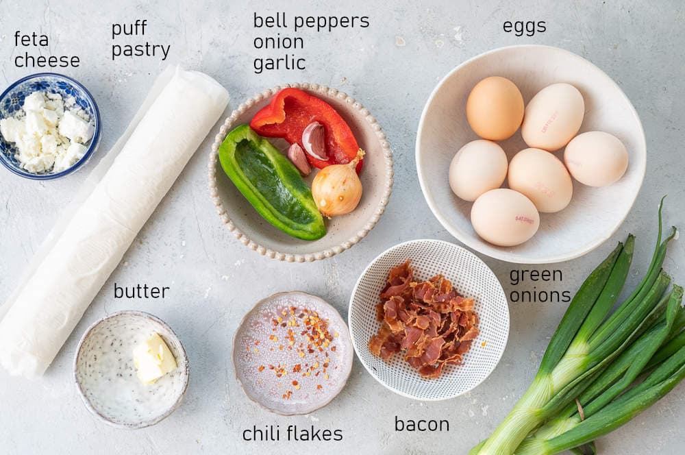 Labeled ingredients for puff pastry breakfast tarts.