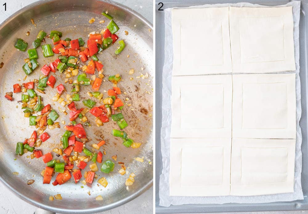 Sauteed bell pepper with onion and garlic in a pan. Puff pastry sheet divided into 6 squares.