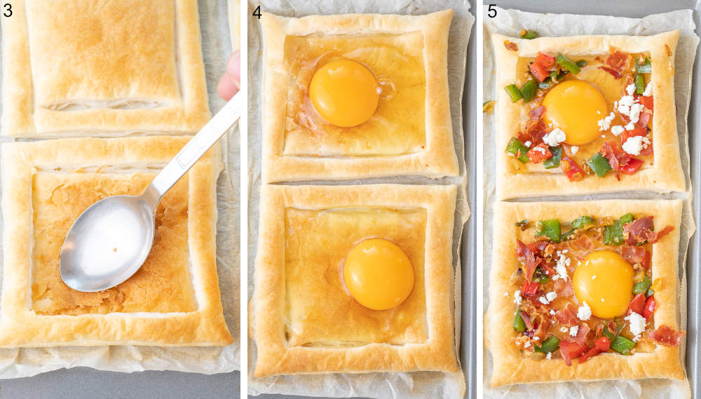 A collage of 3 photos showing how to make puff pastry breakfast tarts.