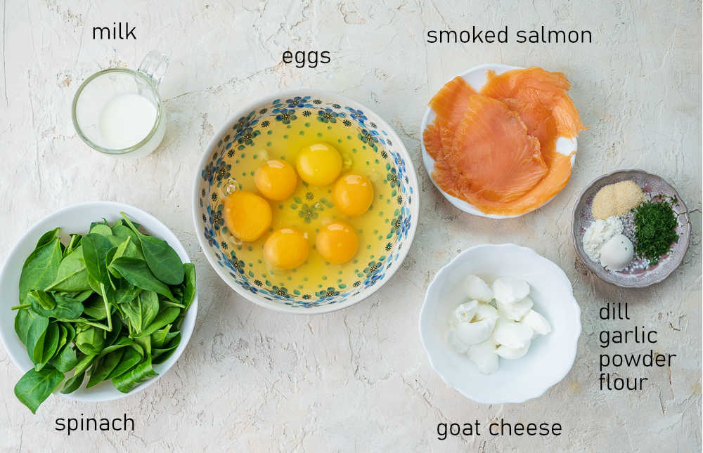 Labeled ingredients for smoked salmon egg muffins.