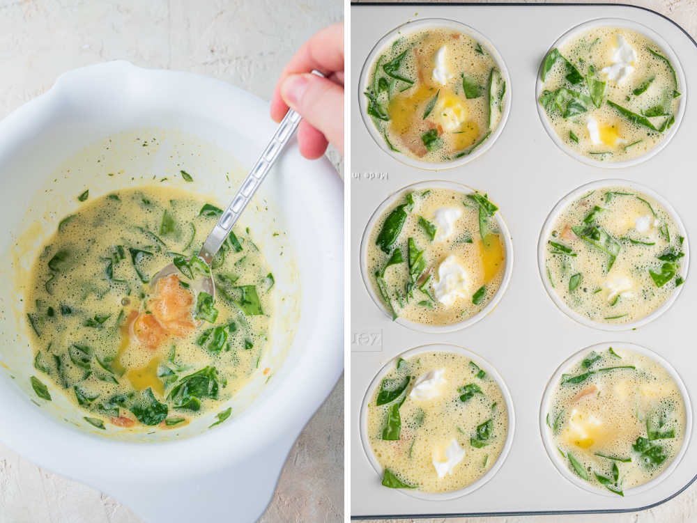 Egg muffin batter in a white bowl and in a muffin pan.