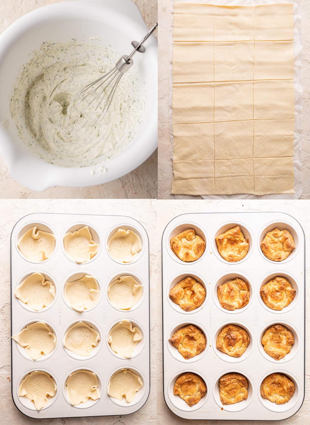 A collage of 4 photos showing how to make smoked salmon puff pastry bites step by step.