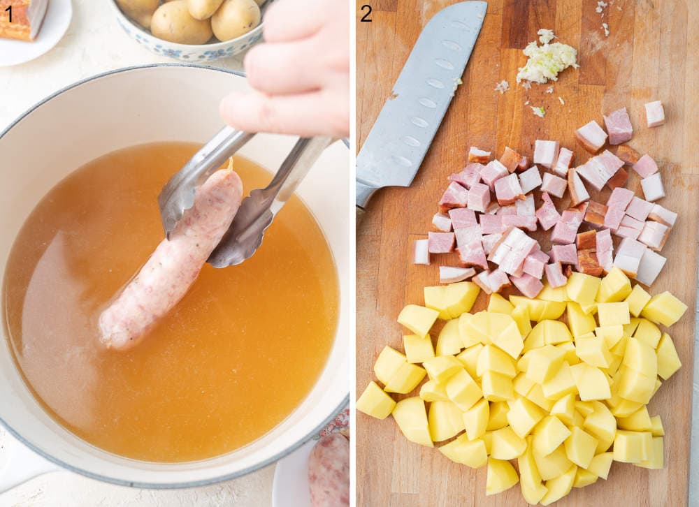 White sausage is being added to broth. Chopped smoked bacon and potatoes on a chopping board.