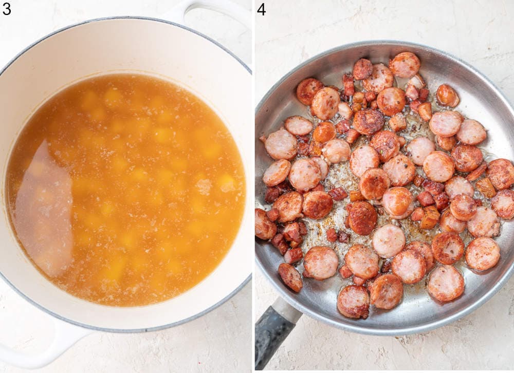 Potatoes are being cooked in broth. Sausage and bacon are being pan-fried.