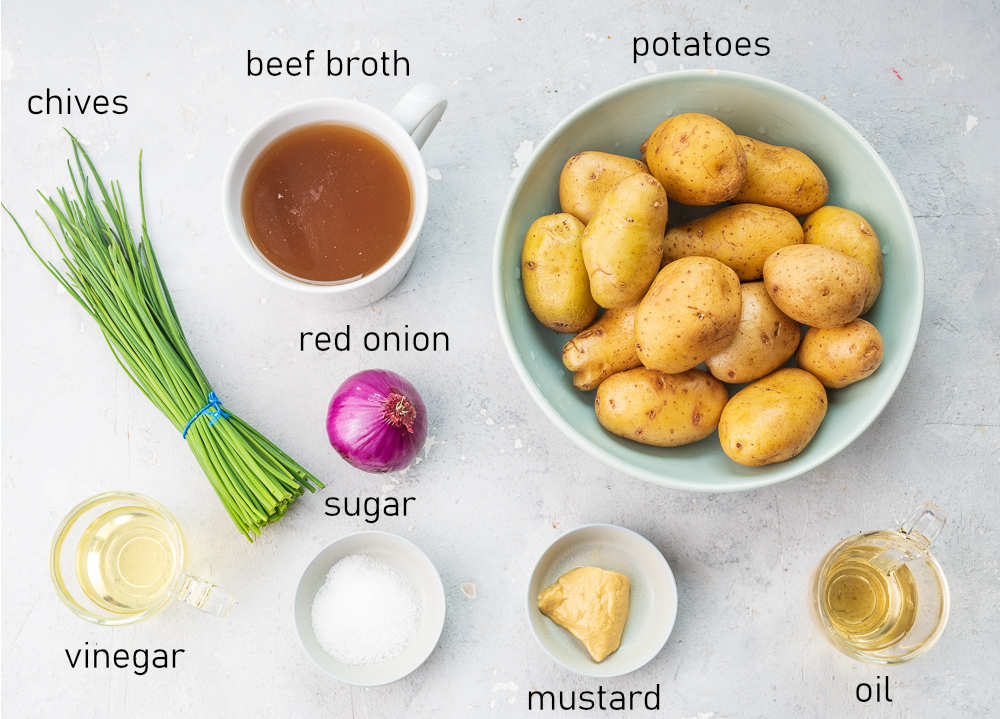 Labeled ingredients for Austrian potato salad.