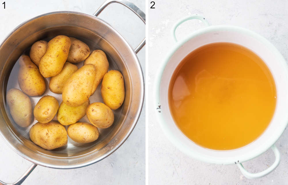 Potatoes are being cooked in a pot. Beef broth in a small pot.