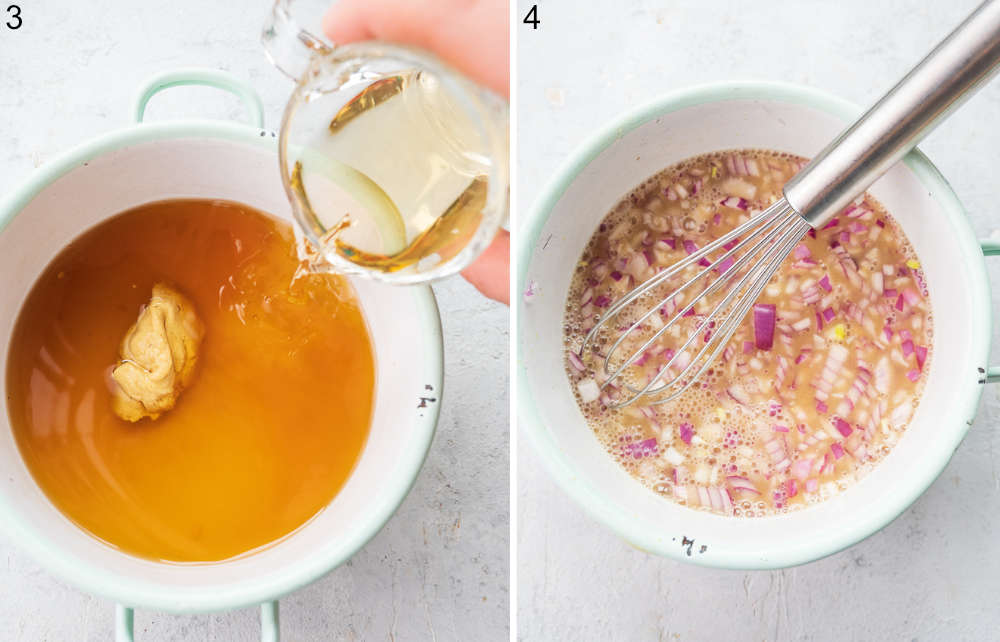 Vinegar is being added to a beef broth in a pot. Salad dressing with onions in a pot.