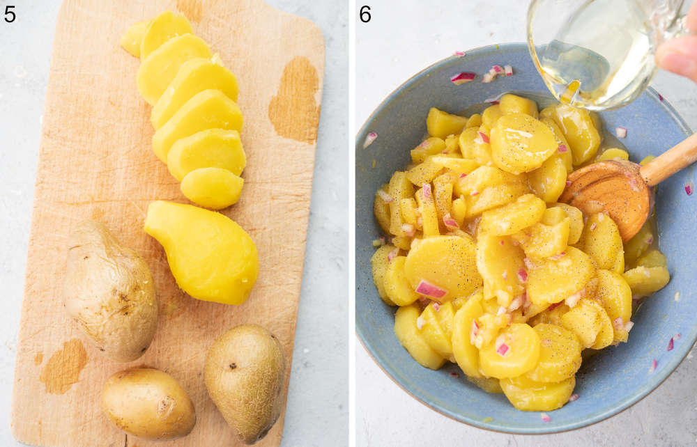 Peeled and sliced potatoes on a chopping board. Oil is being added to a potato salad in a blue bowl.