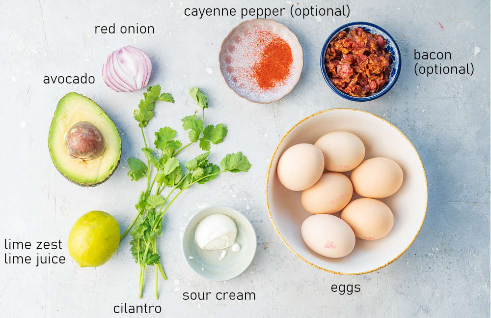 Labeled ingredients for avocado deviled eggs.