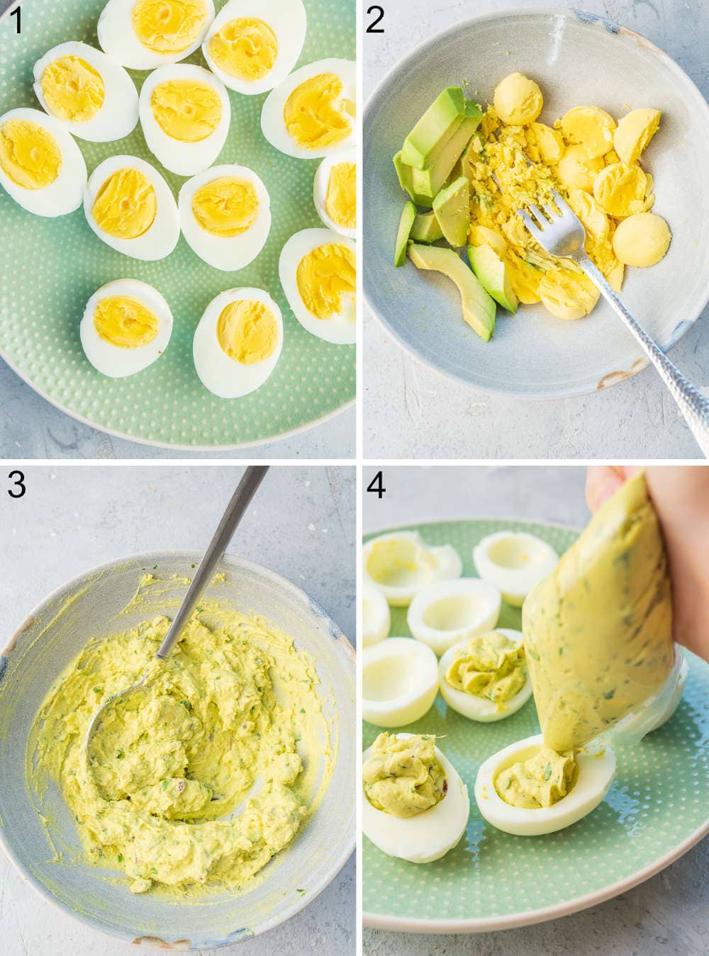 A collage of 4 photos showing how to prepare avocado deviled eggs.