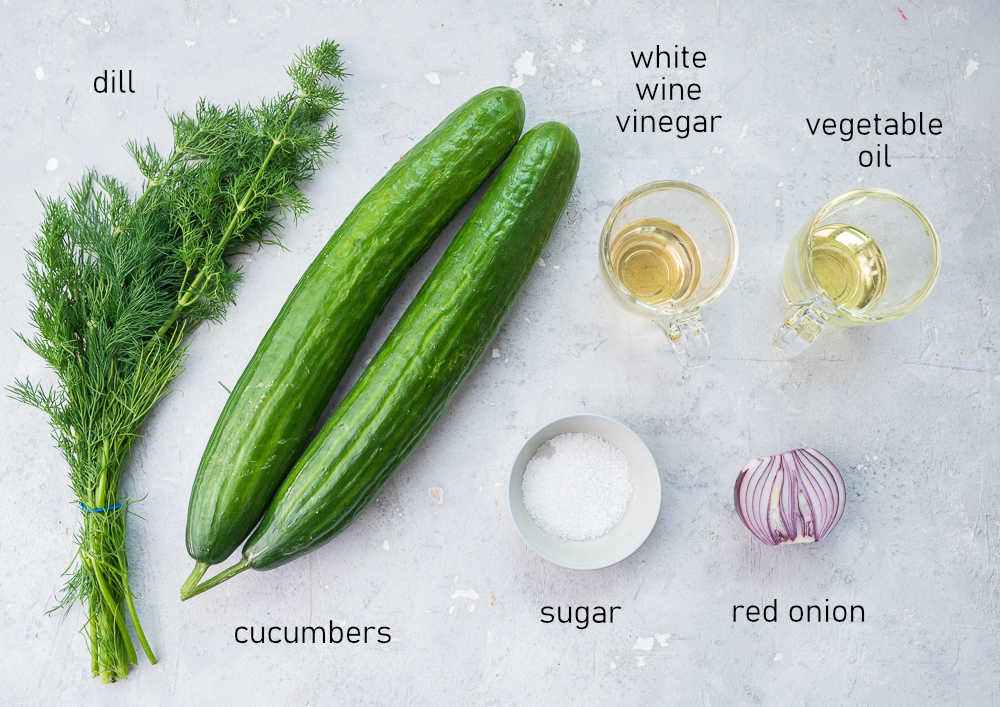 Labeled ingredients for German cucumber salad.