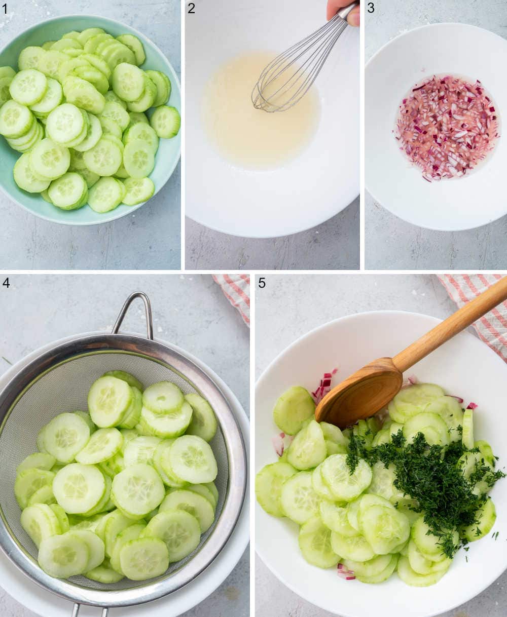 A collage of 5 photos showing how to make German cucumber salad step by step.