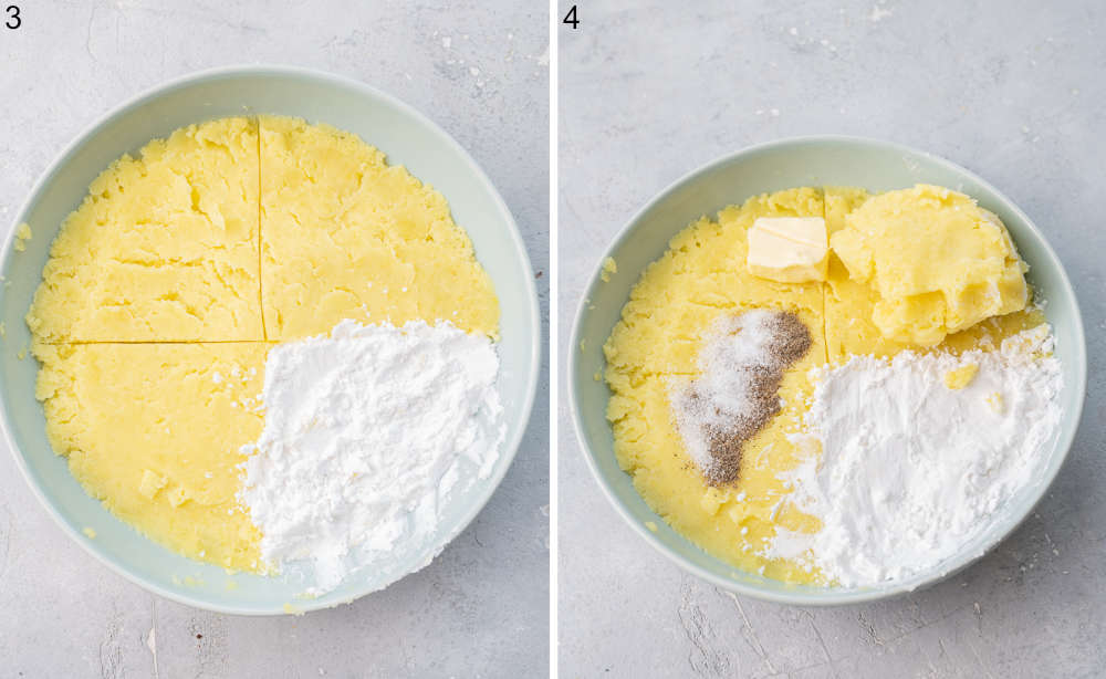 Mashed potatoes in a bowl with a 1/4 replaced with potato starch. All the ingredients for kluski slaskie in a bowl.