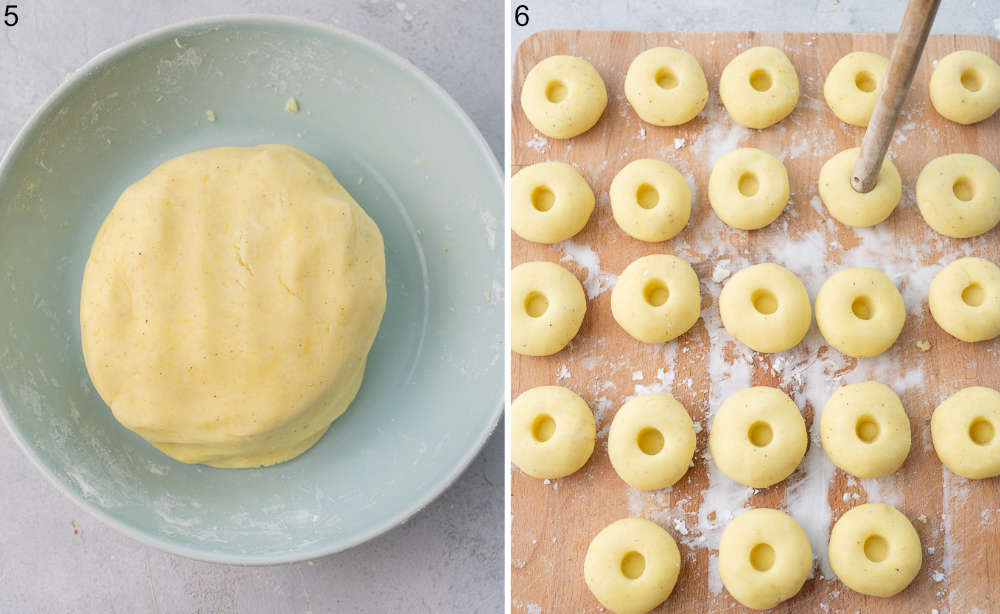 Silesian dumplings dough in a bowl. Kluski slaskie on a wooden board ready to being cooked.