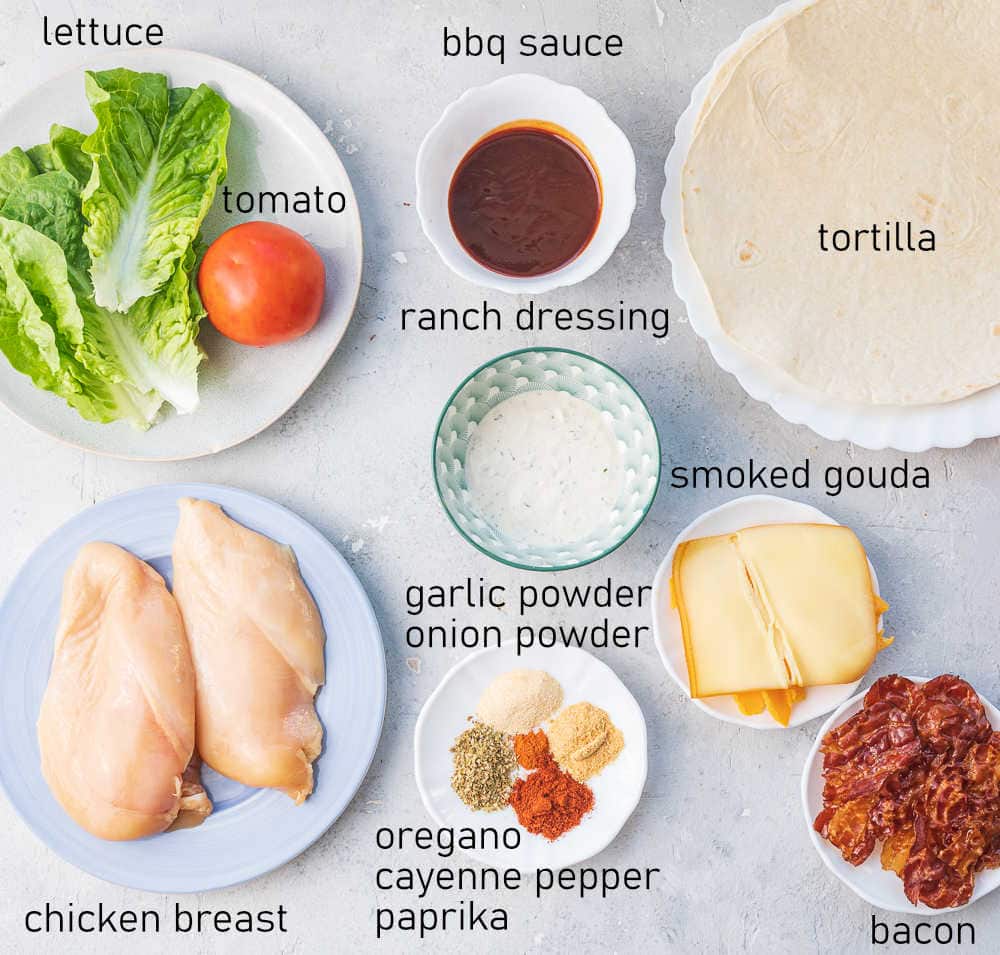 Labeled ingredients for bbq chicken wraps.