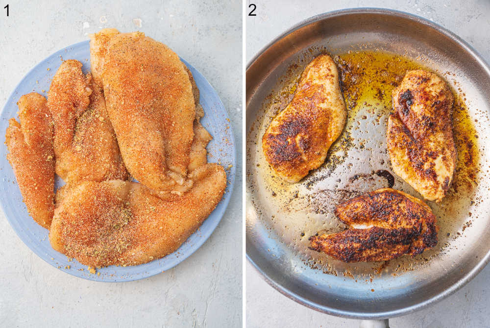 Seasoned chicken fillets on a plate. Chicken is being cooked in a pan.