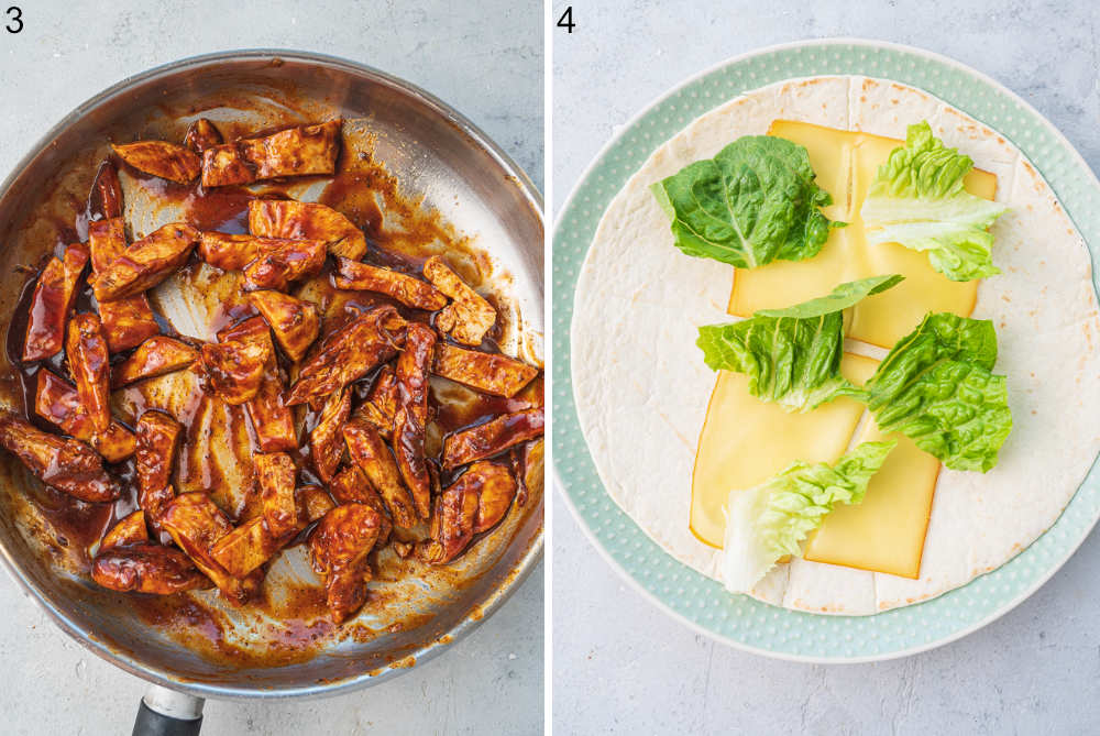 Bbq chicken in a pan. Tortilla with cheese and lettuce on a plate.