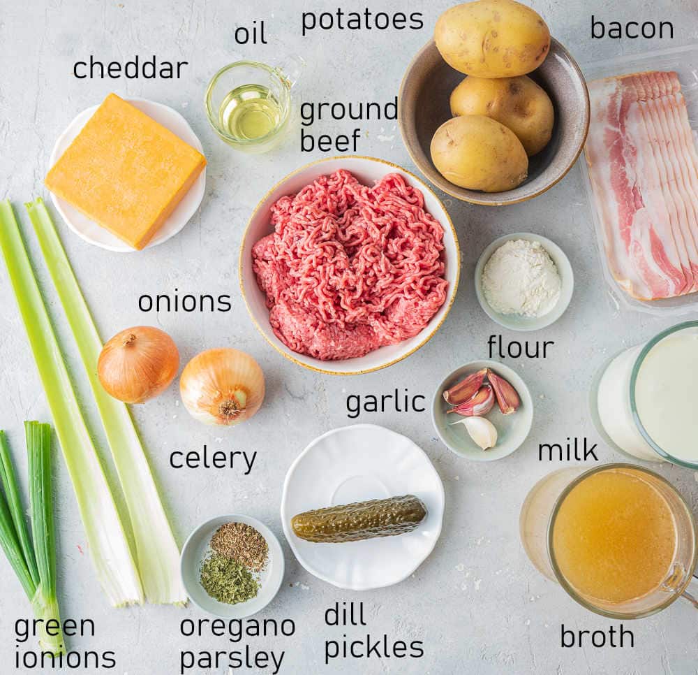 Labeled ingredients for cheeseburger chowder.