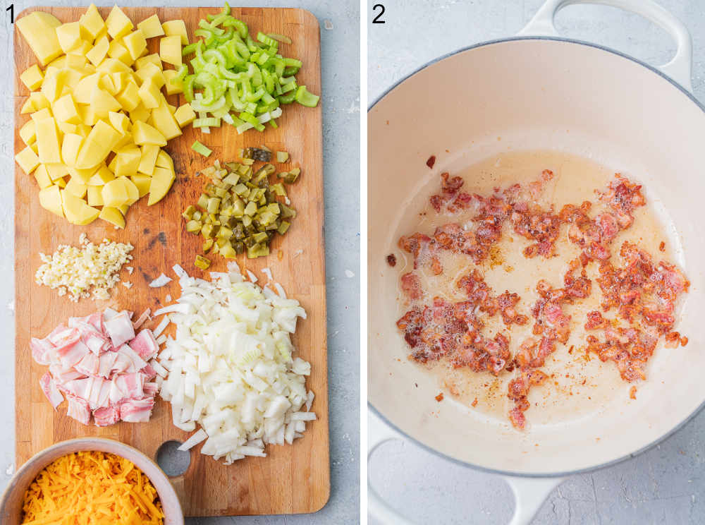 Chopped ingredients for soup on a chopping board. Bacon is being cooked in a pot.