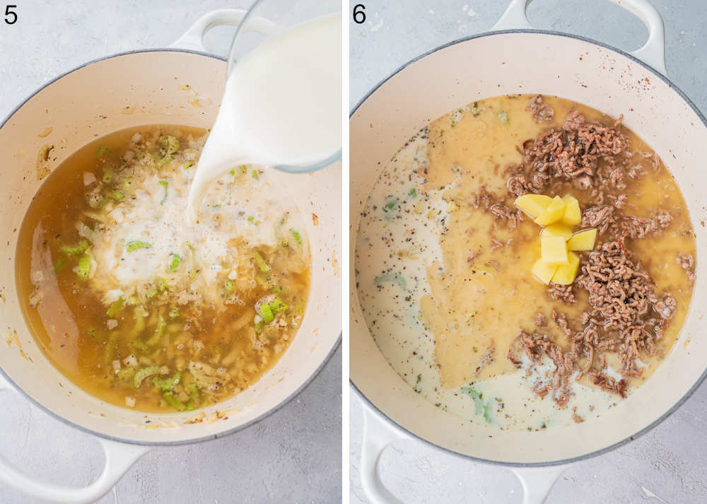 Milk is being added to a pot with soup. Ground beef, potatoes, broth, and milk in a pot.