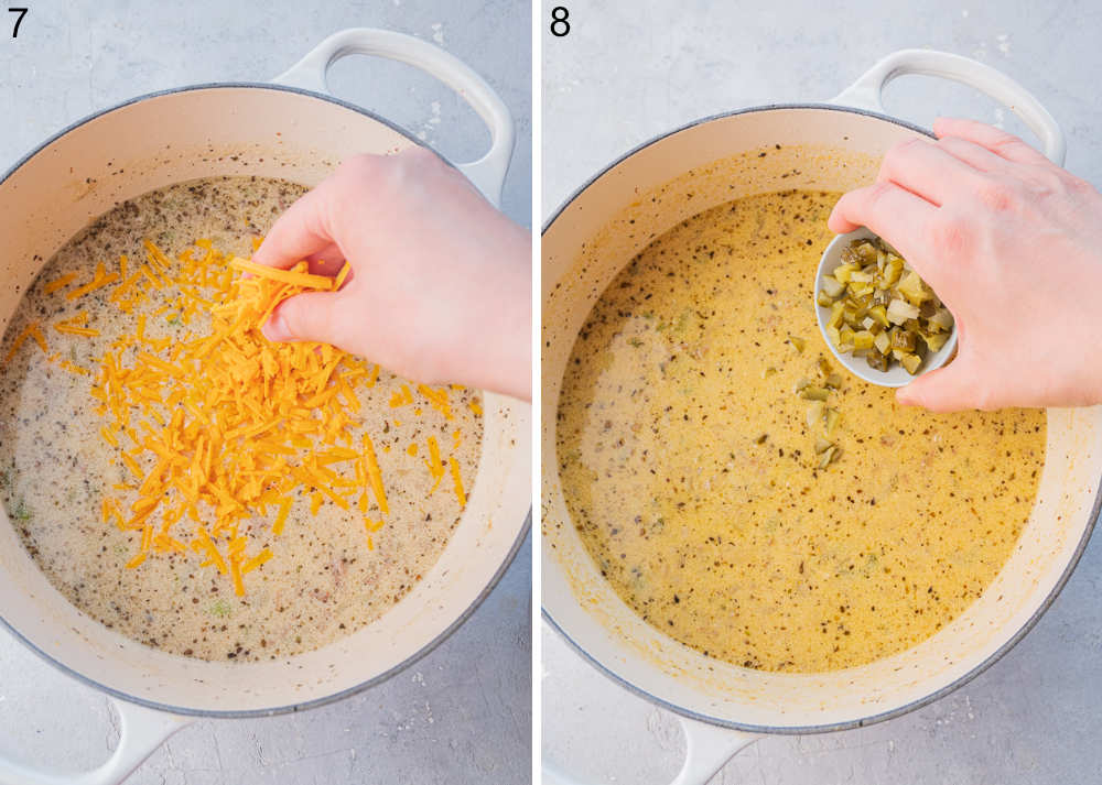 Cheese is being added to a soup. Dill pickles are being added to a soup.