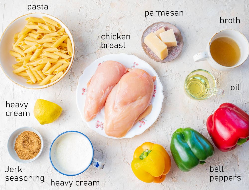 Labeled ingredients for Jerk chicken pasta.