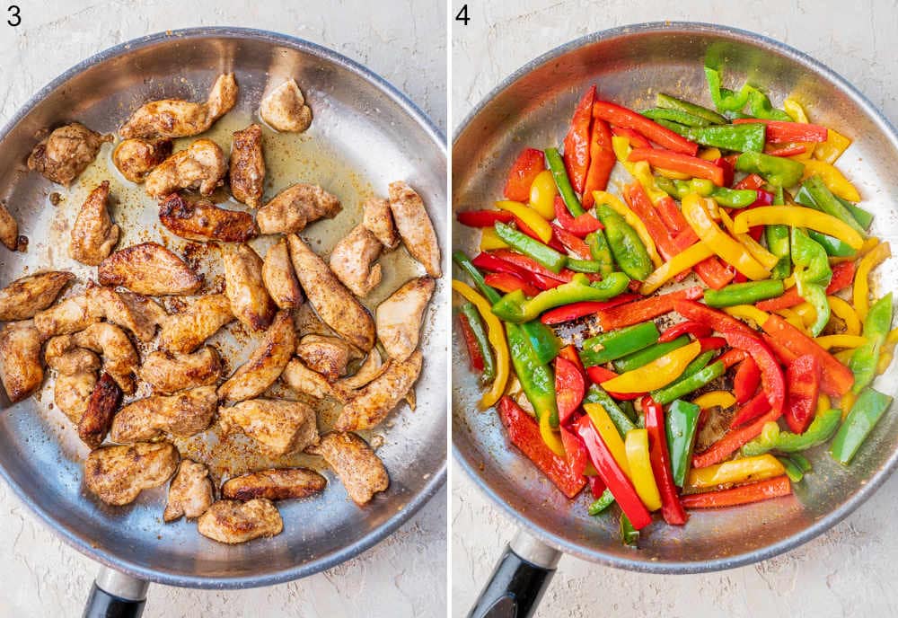 Chicken breast stripes are being pan-fried. Bell peppers cut into stripes in a pan.