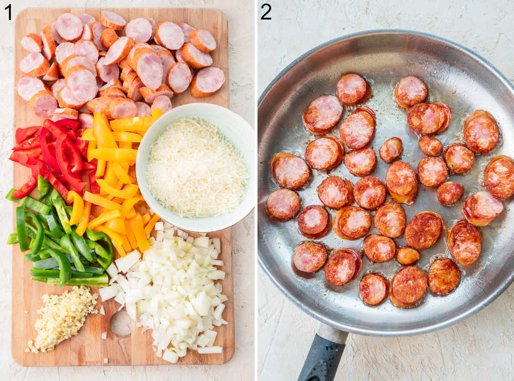 Chopped ingredients for pasta on a chopping board. Browned sliced sausage in a pan.