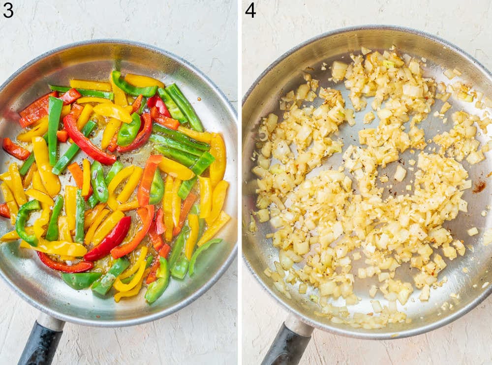 Sauteed bell peppers in a pan. Sauteed onions with garlic in a pan.